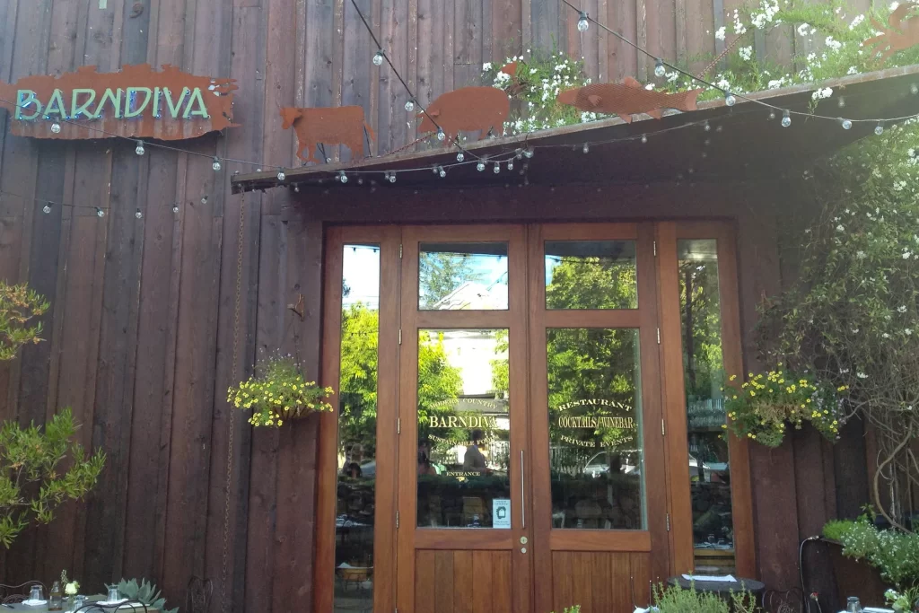 The wood-paneled entryway of Barndiva in Healdsburg, California.