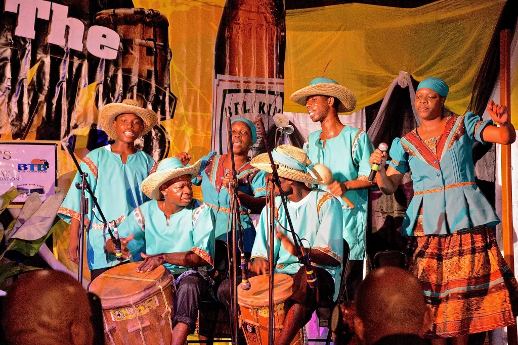 A six-person group performs traditional Garifuna music in Belize.