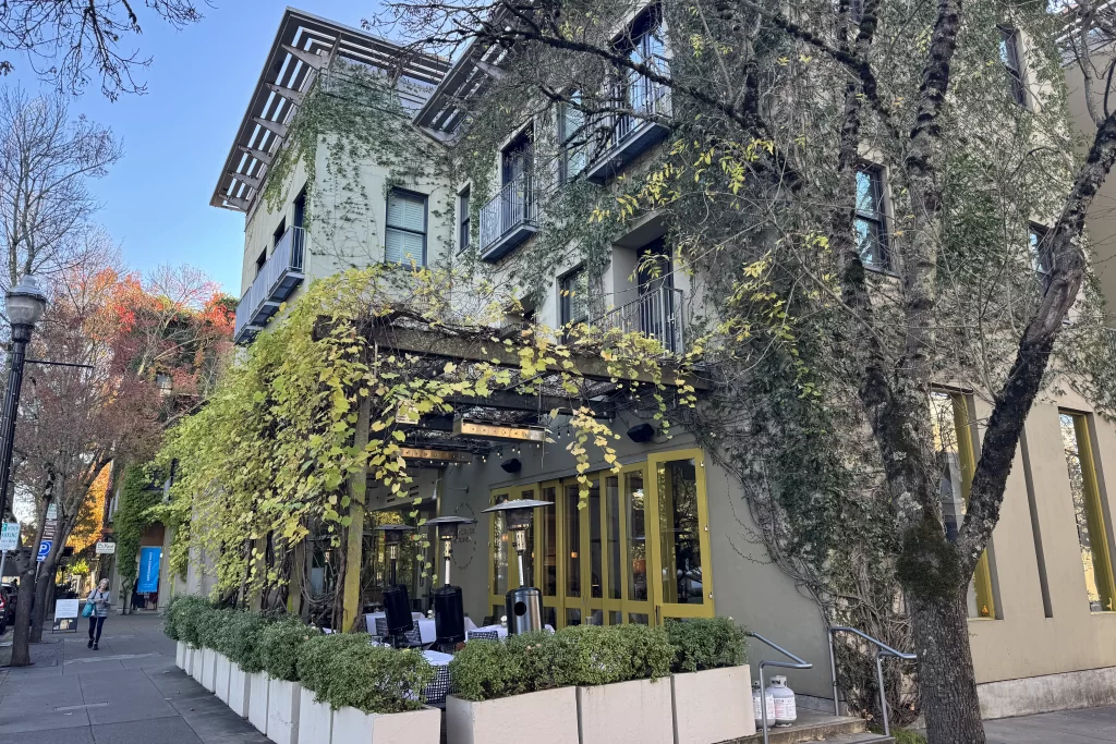 The exterior of Dry Creek Kitchen, a longstanding fine dining restaurant in Healdsburg, California.