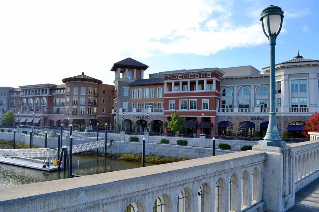 Storefronts line the riverwalk in Napa, California.