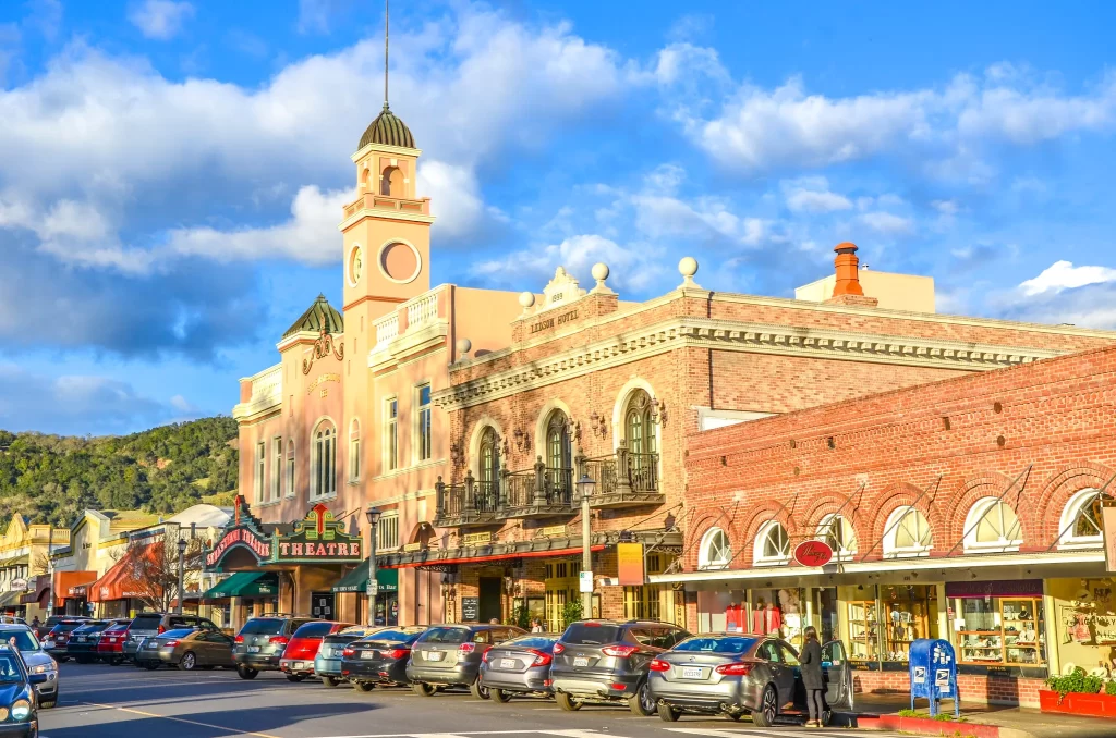 Historic brick buildings line the town square in Sonoma, California.