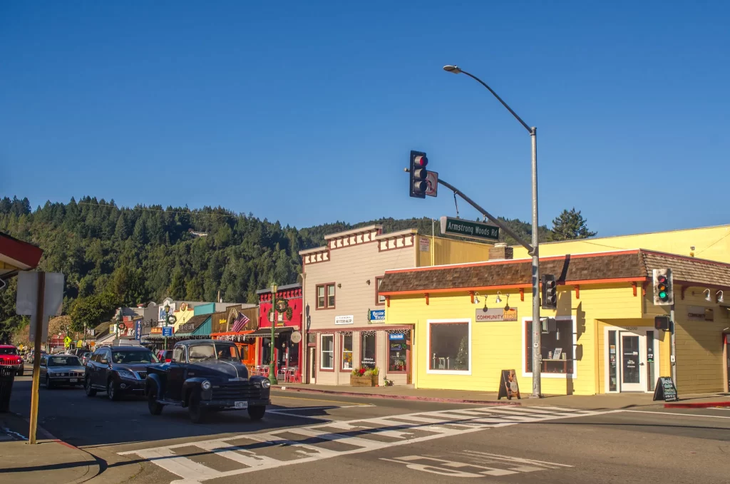 Storefronts line the main street of Guerneville, California.