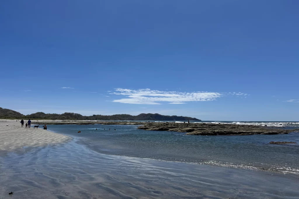 People and dogs swim in the protected tide pools in Playa Guiones, Costa Rica. The tide pools are one of the lesser known things to do in Nosara.