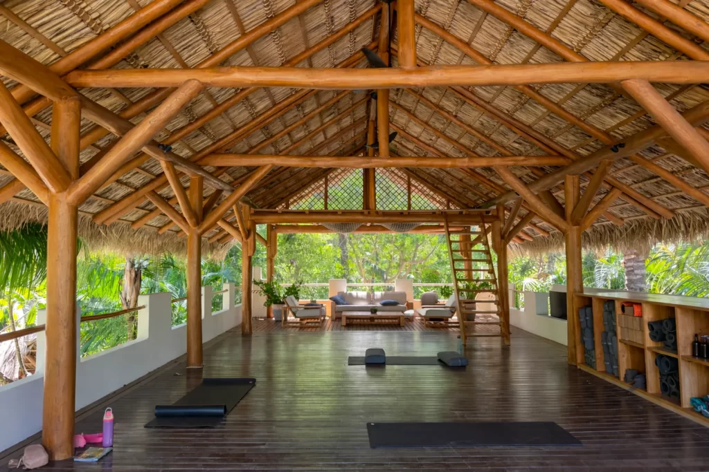 A tropical open-air yoga studio at the Nomadic hotel near Nosara, Costa Rica.