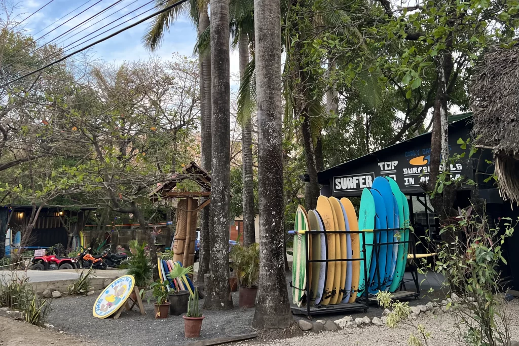 A rack of surfboards stands outside Corky Carroll's Surf Shop near Nosara, Costa Rica.