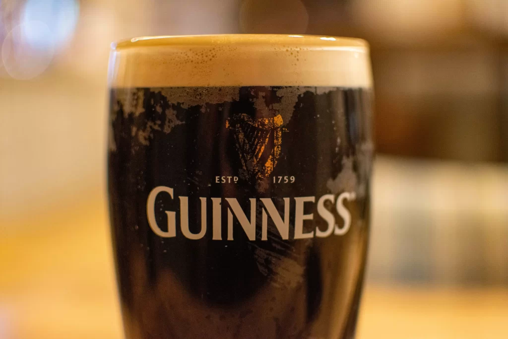 Closeup of a pint of Guinness beer.