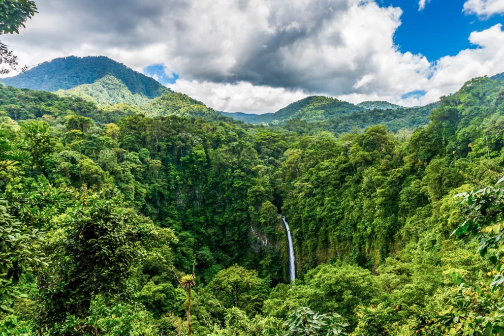 La Fortuna Waterfall cascades amongst dense jungle foliage near La Fortuna, Costa Rica.