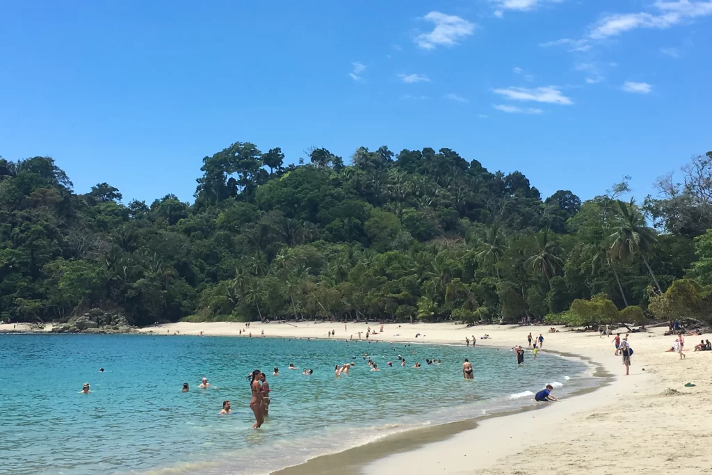 Swimmers float in the calm waters off Manuel Antonio National Park in Costa Rica.