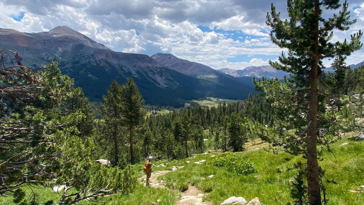 A hiker stands on the Gaylor Lakes trail in Yosemite National Park, looking down on Tuolumne Meadow below.