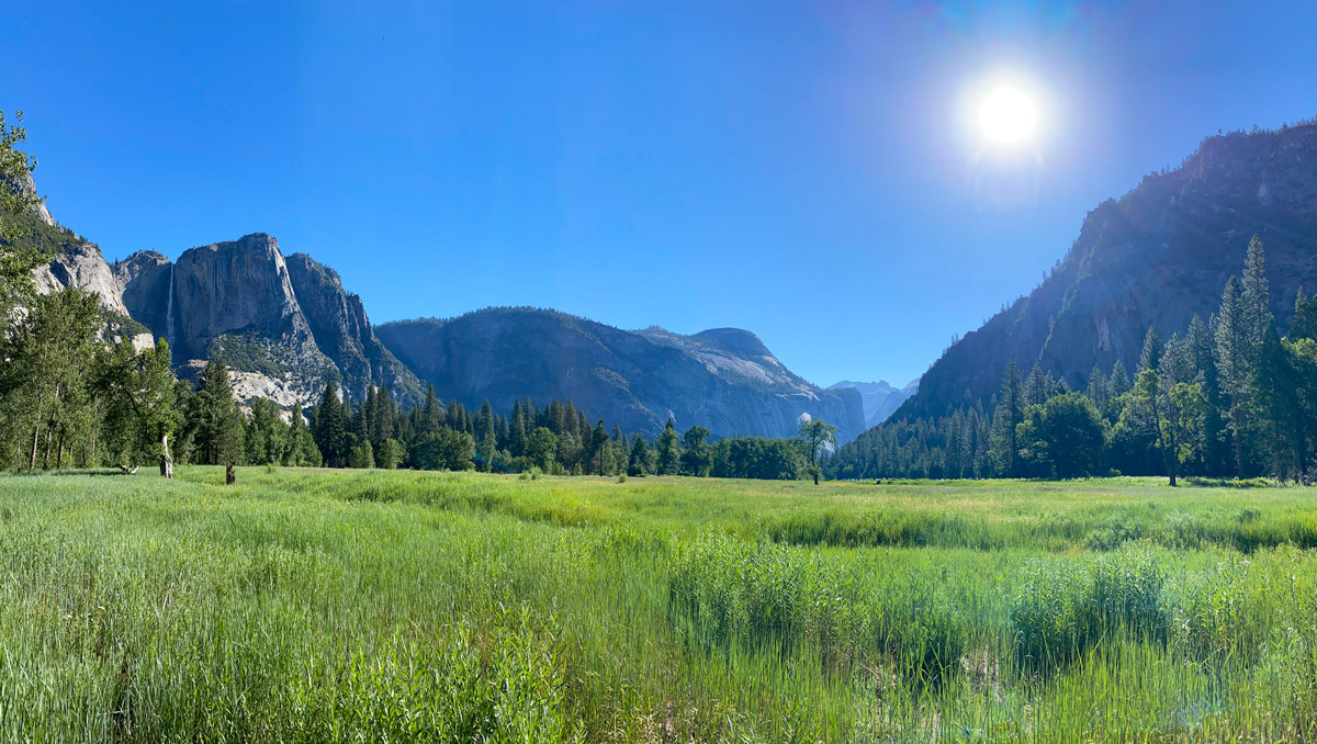 Sun shines on a panorama of Yosemite Valley, framed by Yosemite Falls in the distance.