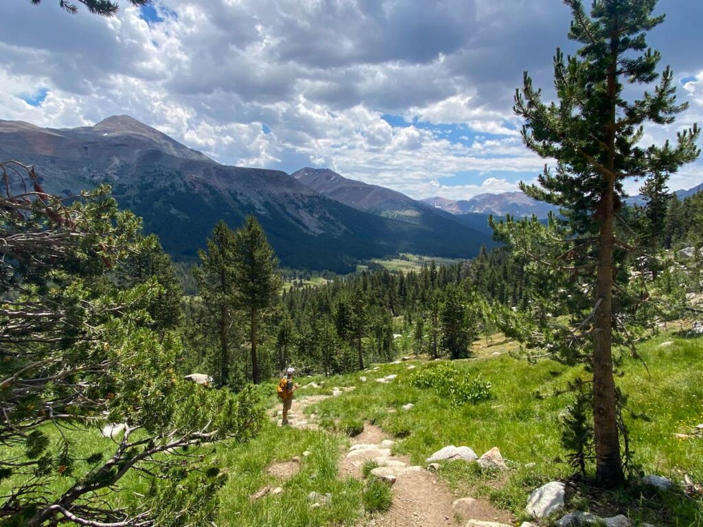 A hiker stands on the Gaylor Lakes trail in Yosemite National Park, looking down on Tuolumne Meadow below. With 5 days in Yosemite, Sequoia, and Kings Canyon, you can experience regions of the parks that many tourists miss. 