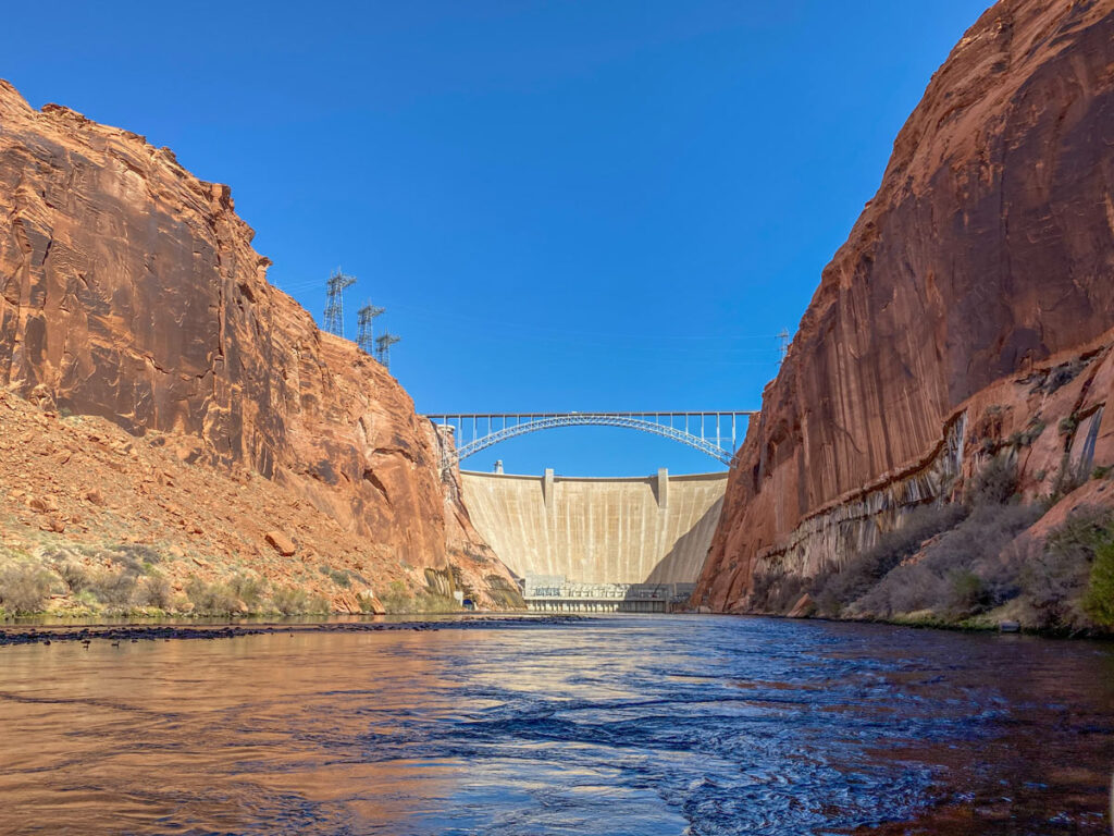 The Glen Canyon Dam, which forms the southern edge of Lake Powell, as seen from Marble Canyon along the Colorado River.