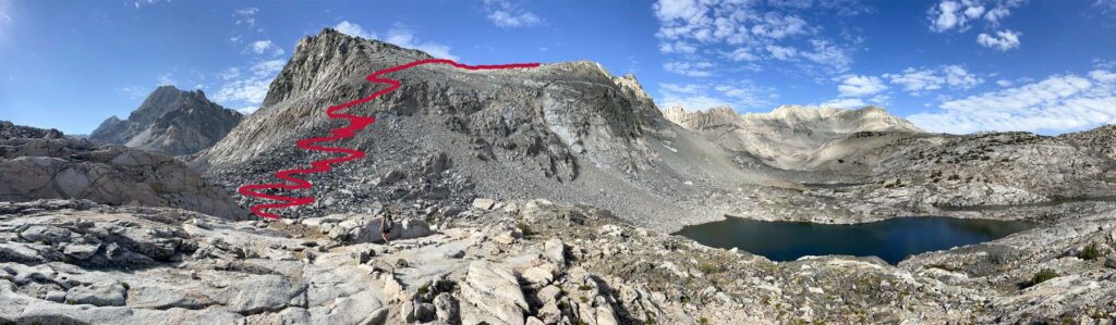 Glen Pass rises to a 11,998' summit on the Rae Lakes Loop and John Muir Trail. This image has a jagged red line tracing the trail to the summit.