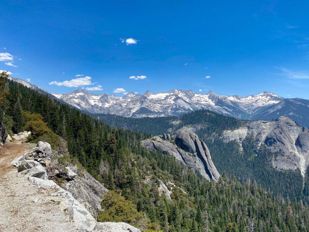 The High Sierra Trail looks out to the snowcapped mountains of the Great Western Divide in Sequoia National Park.