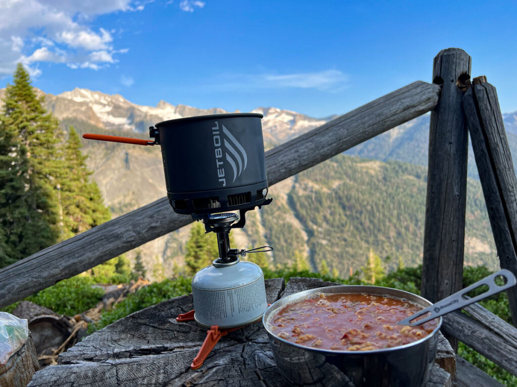 A backpacking meal is cooked over a camping stove at Bearpaw Meadow in Sequoia National Park.