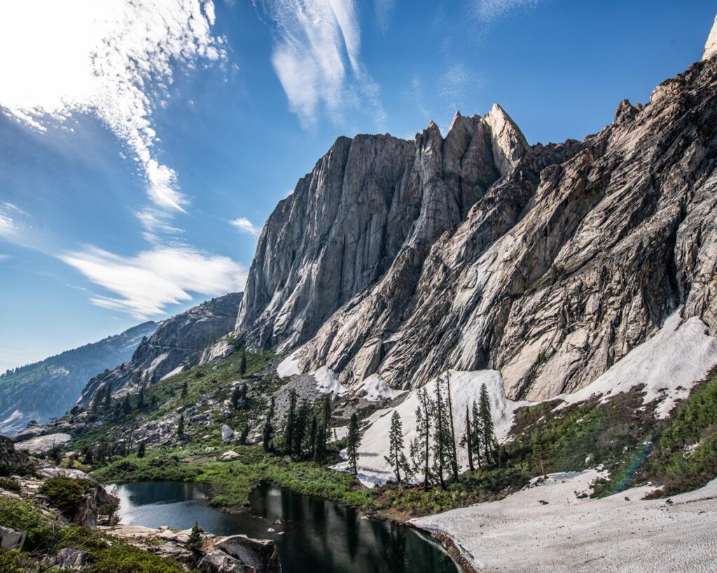 The granite monolith known as Valhalla towers above Lower Hamilton Lake along the High Sierra Trail.