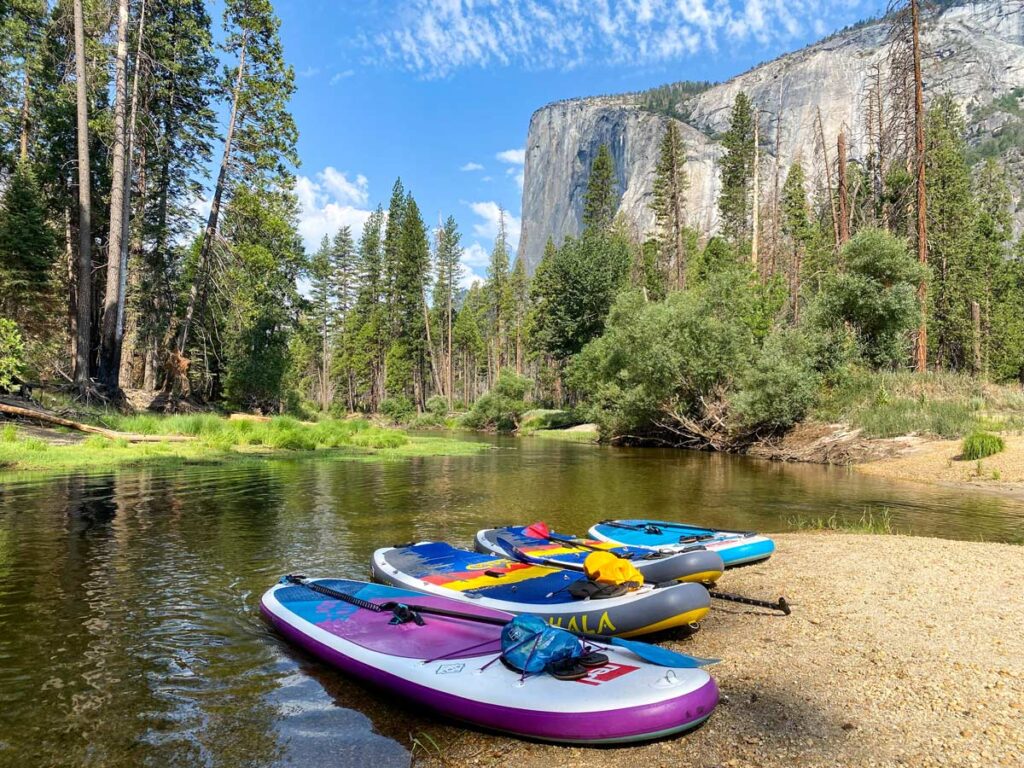 Four paddle boards lie on the banks of the Merced River in Yosemite National Park.