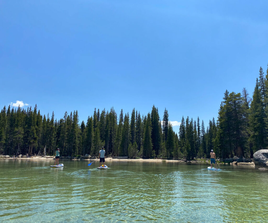 Three paddle boarders paddle along an inlet of Tenaya Lake in Yosemite National Park