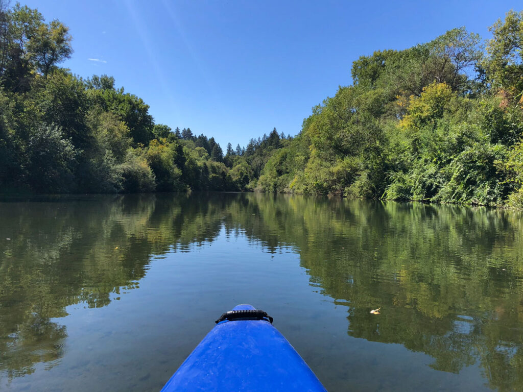 The tip of a kayak is seen against the waters of the Russian River. The river is a popular spot to paddleboard in Sonoma County, California.