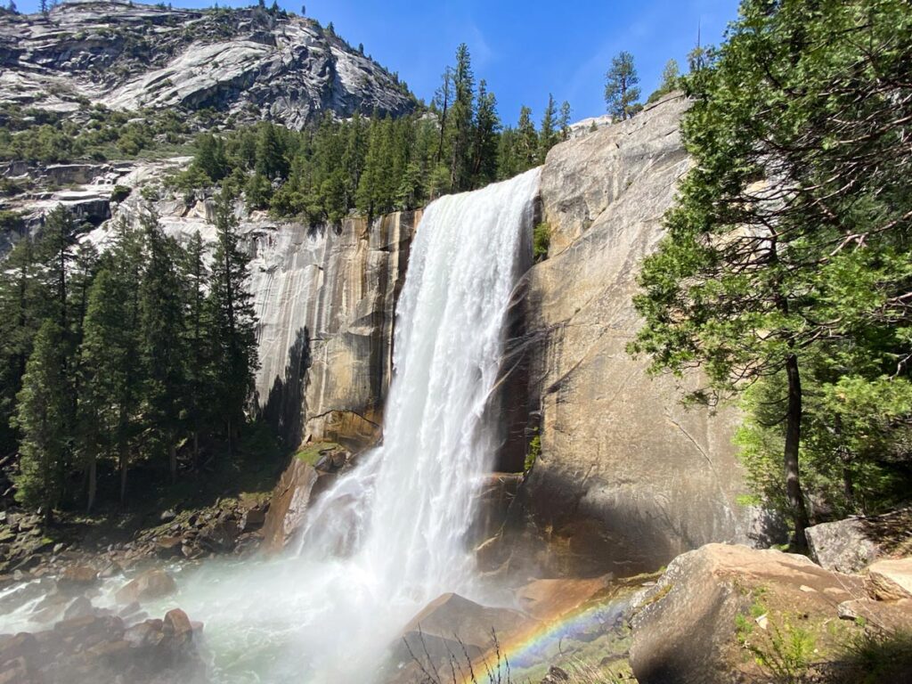 A rainbow appears in the mist of Vernal Falls, on Yosemite's famed Mist Trail.