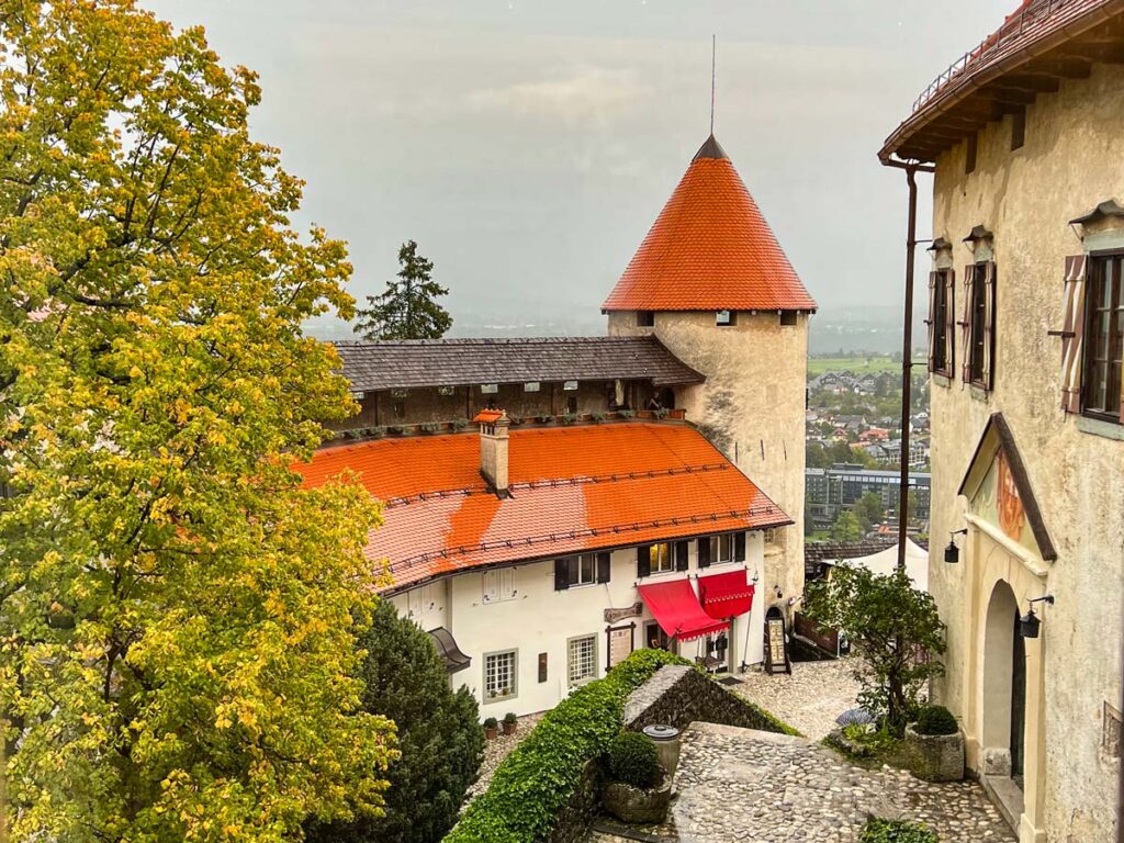 Bled Castle on a rainy day in Bled, Slovenia.