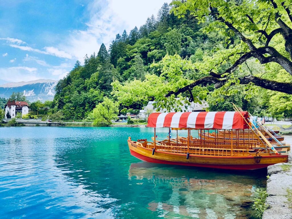 Traditional wooden boats on Bled Island in Slovenia.