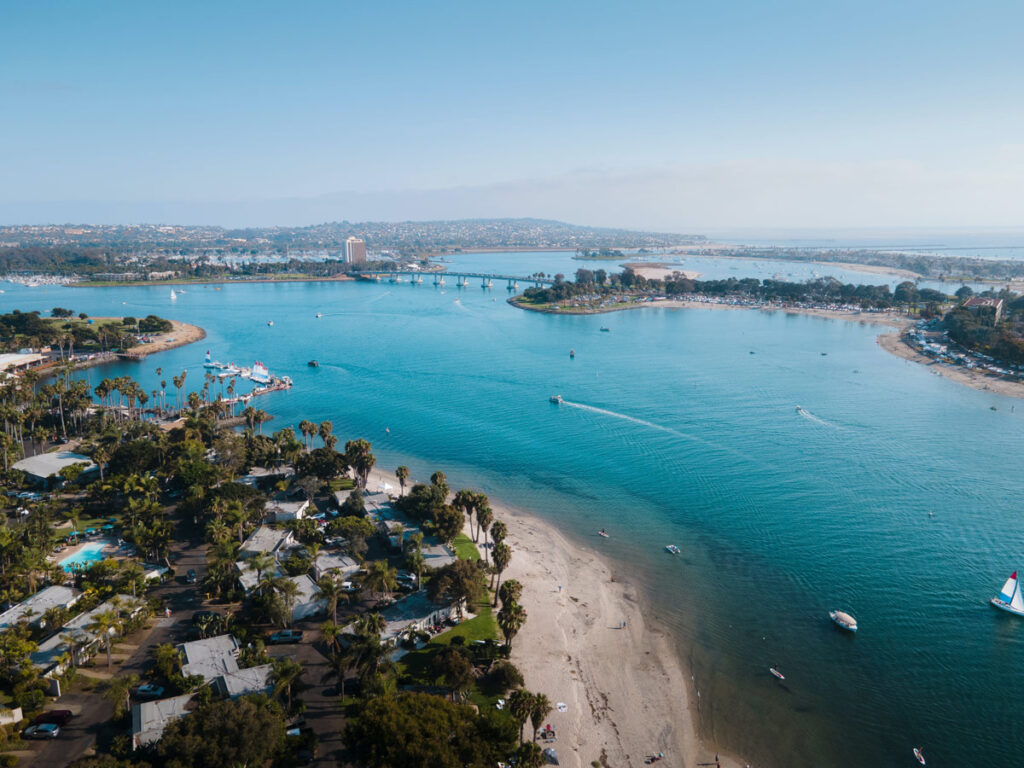 An aerial view of Mission Bay, one of the most popular places to paddle board in San Diego.