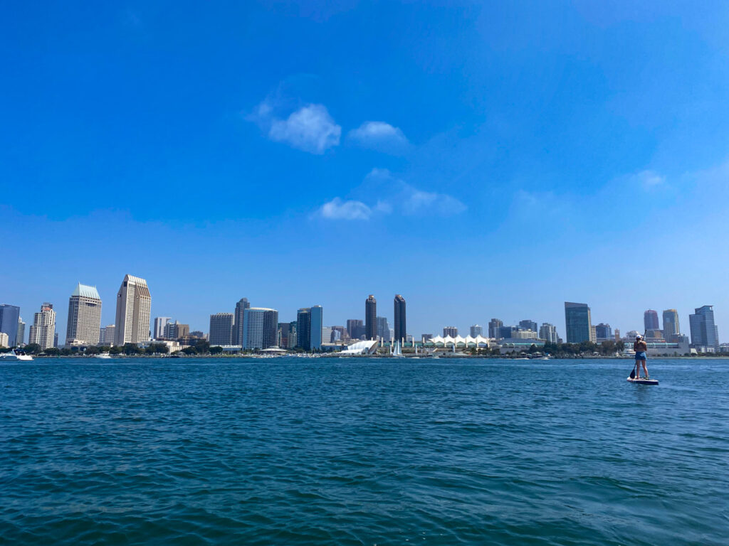 A paddle boarder paddles the Coronado Ferry Landing, with the San Diego skyline behind.