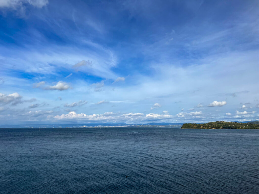 The coast of Piran, Slovenia looks north across the Adriatic Sea towards Italy.