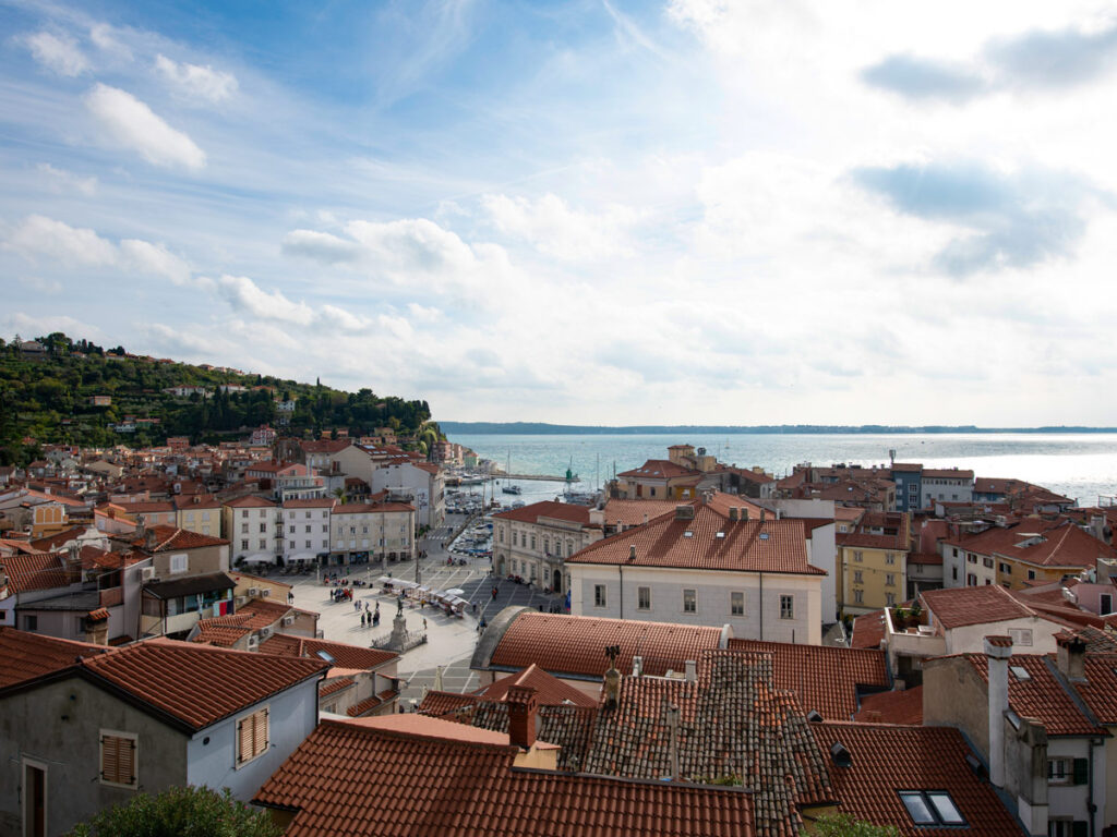 A bird's eye view of Tartini Square in Piran, Slovenia, from the hills above town.