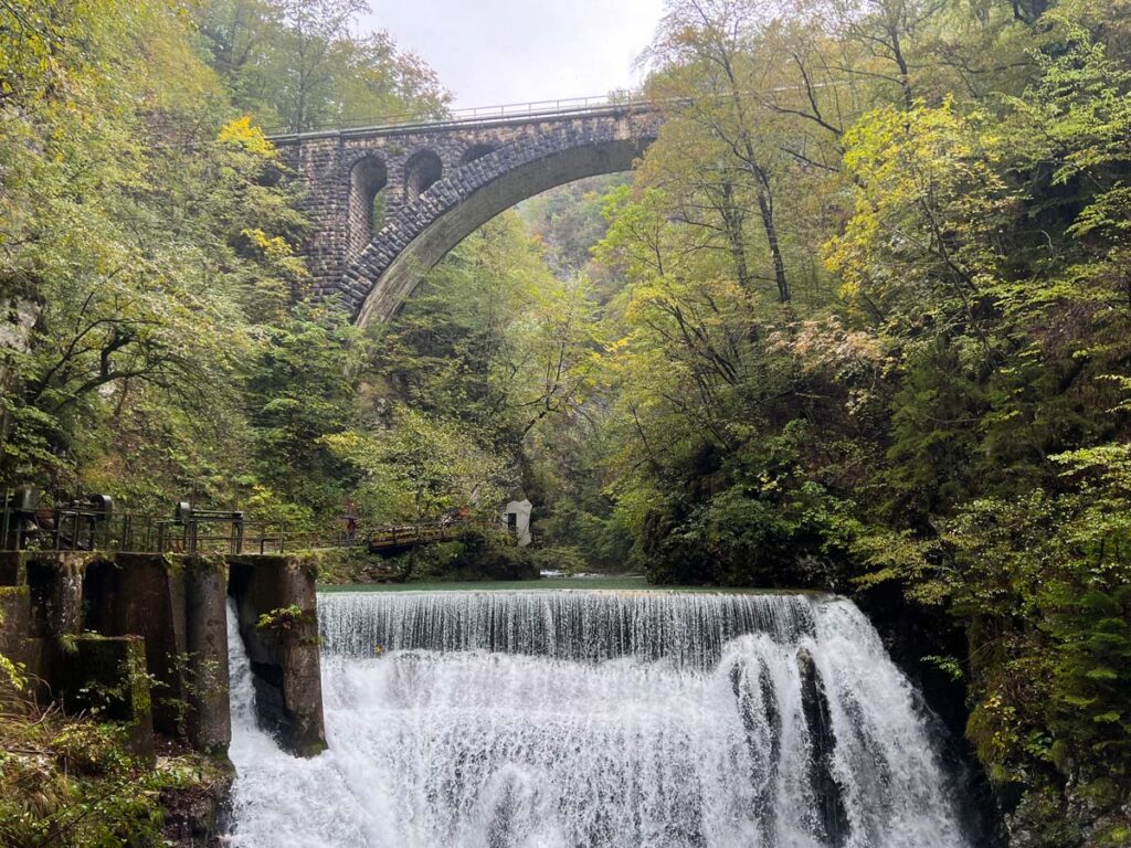 Vintgar Gorge hydroelectric dam and railway in Podham, Slovenia.