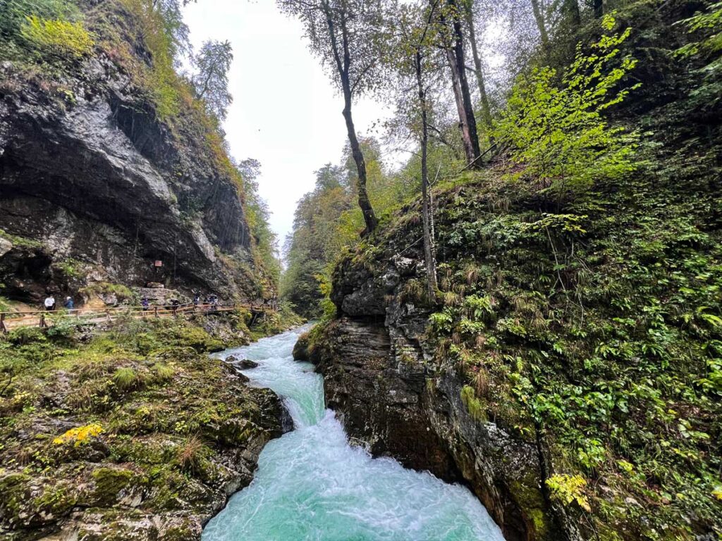 Visitors walk along the Vintgar Gorge near Podham, Slovenia.