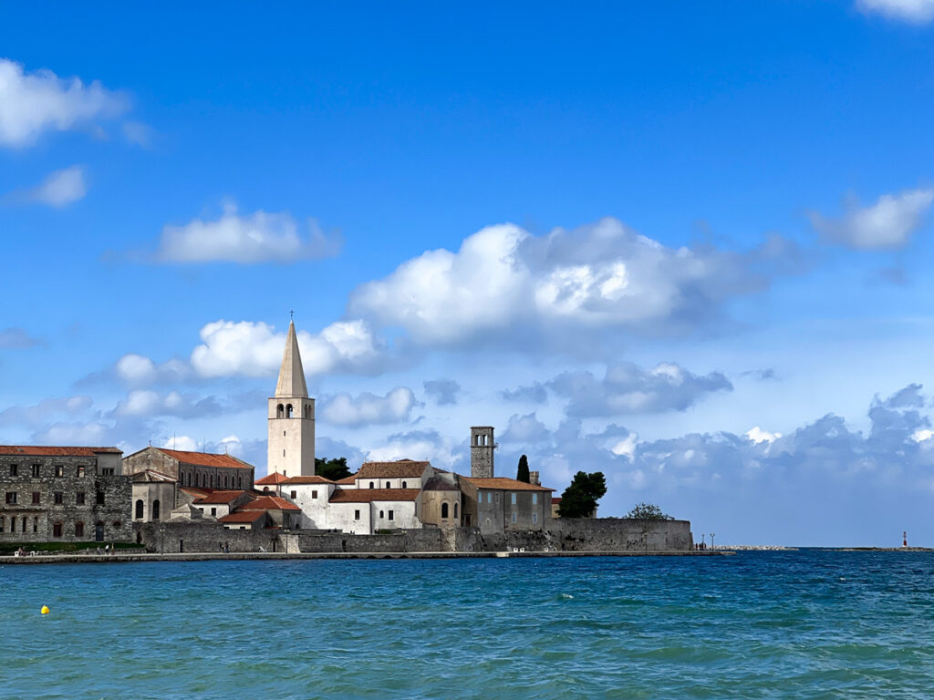 The medieval town of Porec, Croatia as seen from across the water.