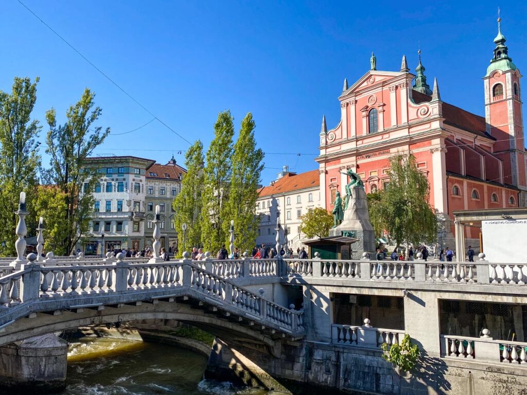 Preseren Square is seen from across the Triple Bridge in Ljubljana, Slovenia.