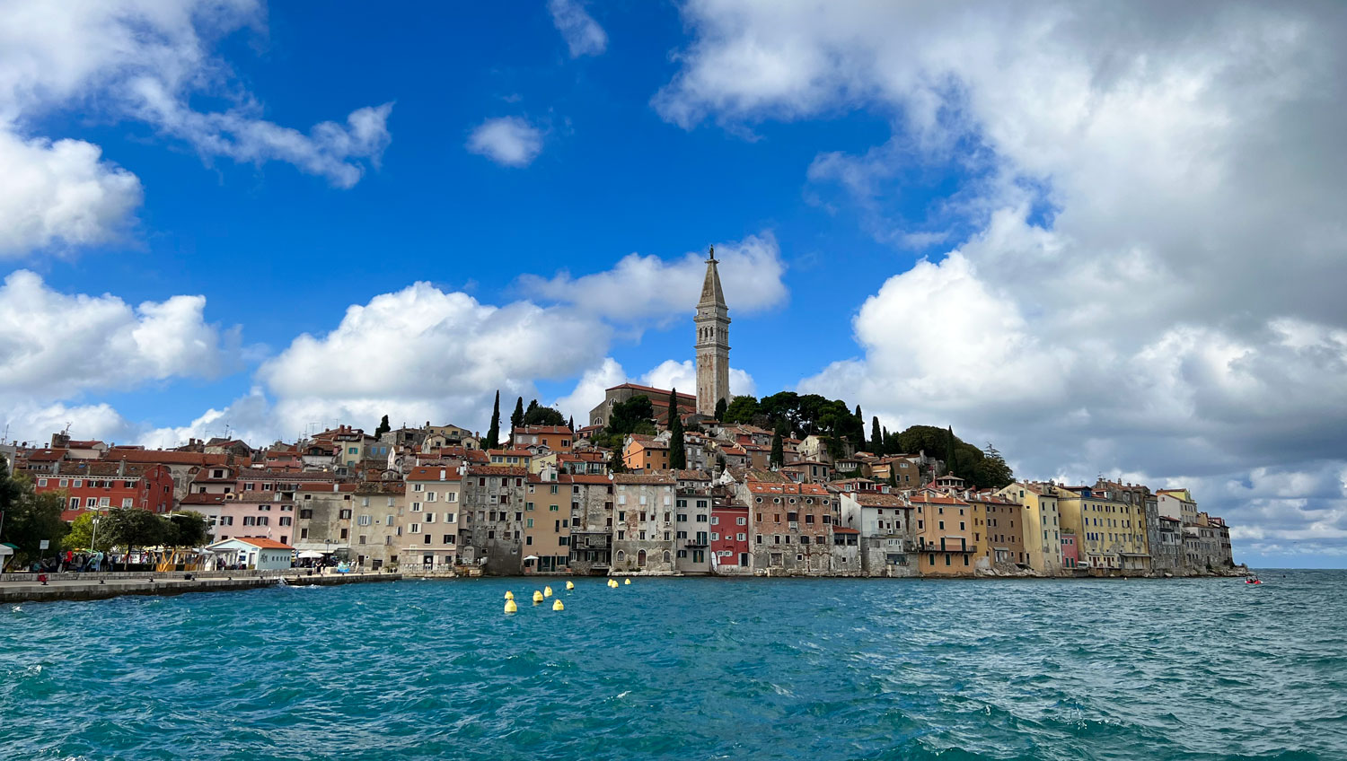 Centuries-old stone homes line the Adriatic waterfront in Rovinj, Croatia.