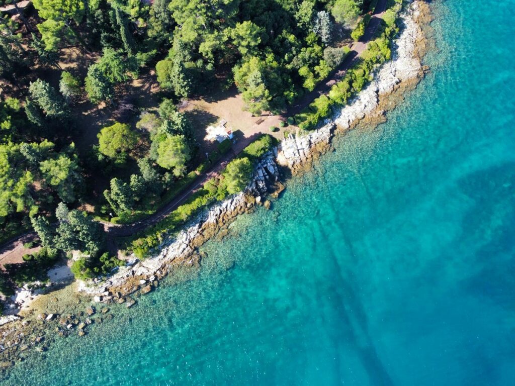 An aerial view of Sveta Katarina, an island just offshore from Rovinj, Croatia.