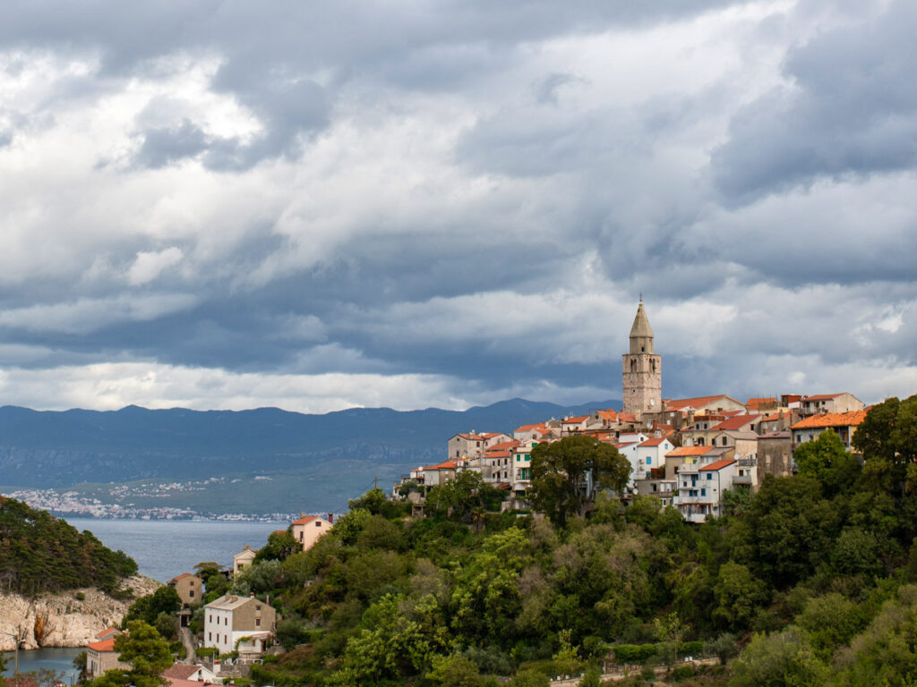 The medieval town of Vrbnik, Croatia sits on a hilltop overlooking the Adriatic Sea.