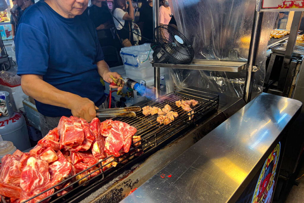 Flame-torched beef is a common night market snack in Taipei, Taiwan.