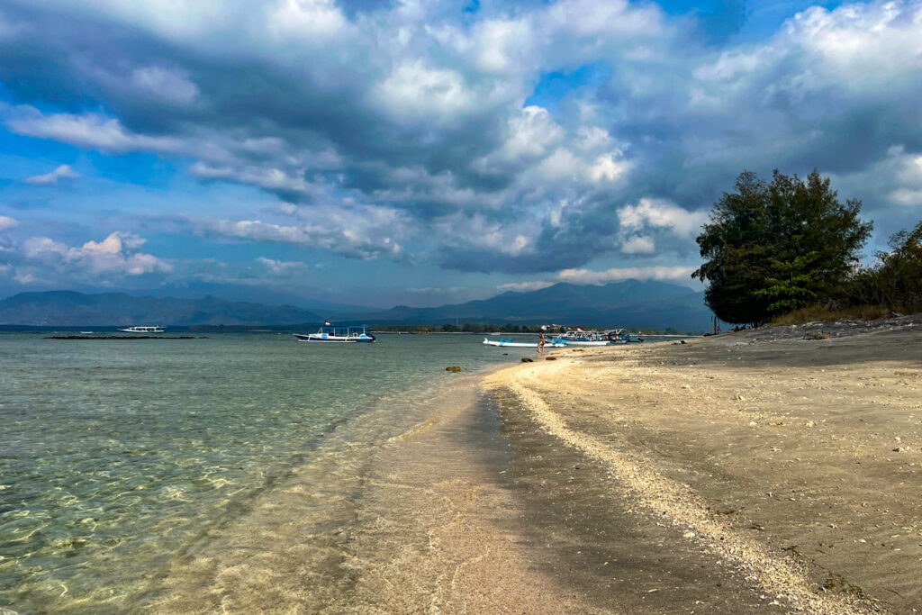 A quiet beach on Gili Air, looking across the channel to Lombok.