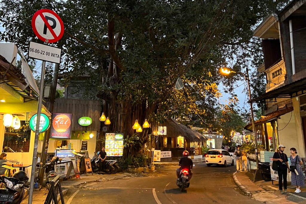 A motorcyclist drives along a lit road in Ubud, Bali at dusk, beneath hanging vines and warm lanterns.