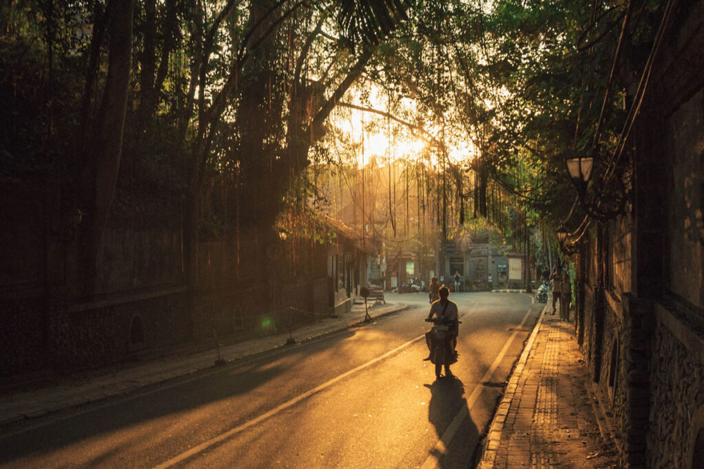 A lone individual rides a motorbike in soft evening light of Ubud, Bali, underneath hanging vines. 