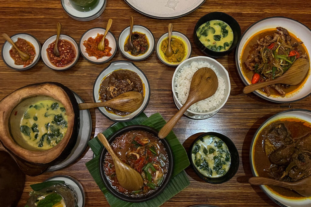 A sampler of traditional Indonesian cuisine is laid on a table at Nusantara in Ubud, Bali. 