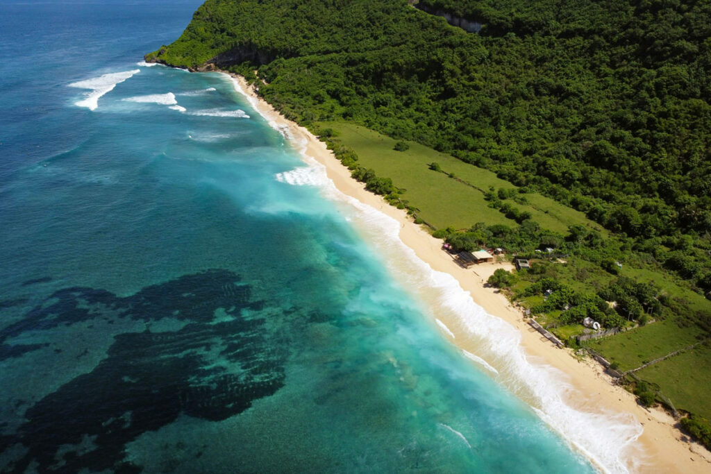 Azure waves break on a white sand beach on the edge of green fields and jungle in Uluwatu, Bali, as seen from the air.