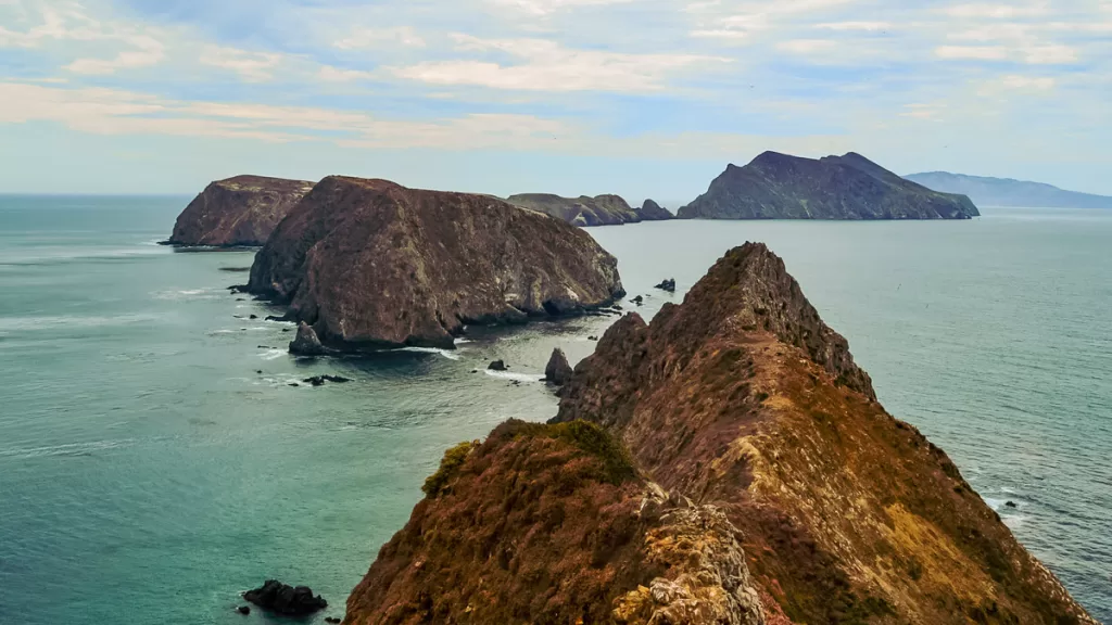 A series of rocky land masses rise out of the ocean to create Inspiration Point on Anacapa Island in Channel Islands National Park.