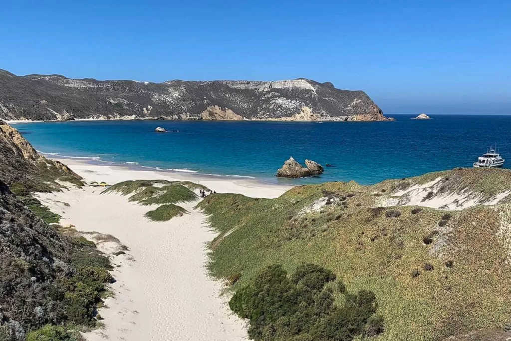 Cuyler Harbor on San Miguel Island, with remote white sand beaches and azure waters. When deciding which Channel Island to visit, San Miguel is one of the most remote islands in the national park.