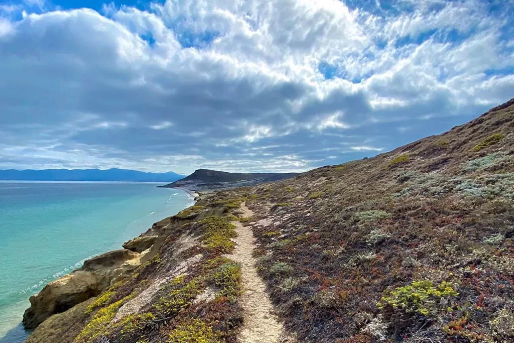 A small sandy footpath leads along a ridge on Santa Rosa island, in Channel Islands National Park. When deciding which Channel Island to visit, Santa Rosa is a good choice for those who want to escape the crowds.