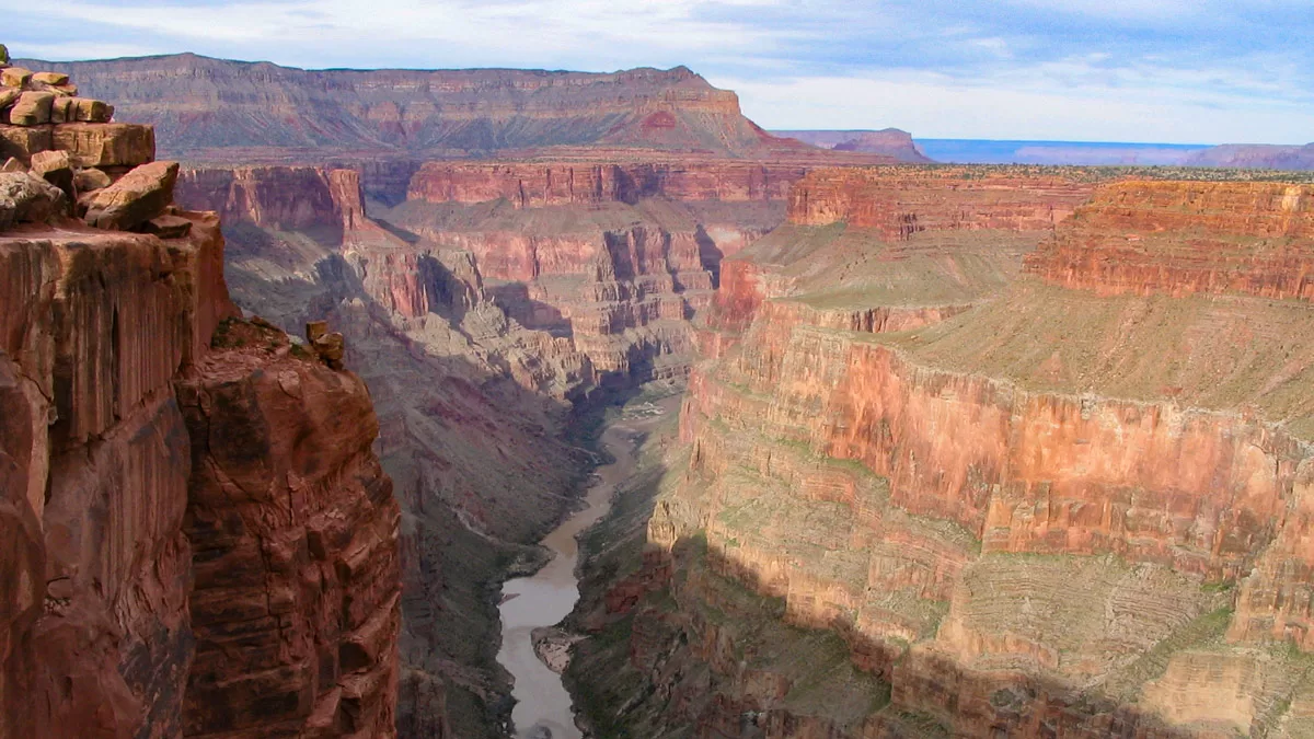 Toroweep Overlook, along the Grand Canyon's North Rim, looks down at the Colorado River far below the canyon walls.