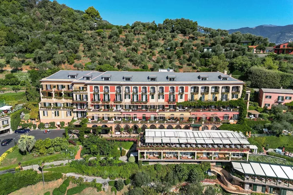 The famous Hotel Splendido stretches along a verdant hillside in Portofino, Italy.