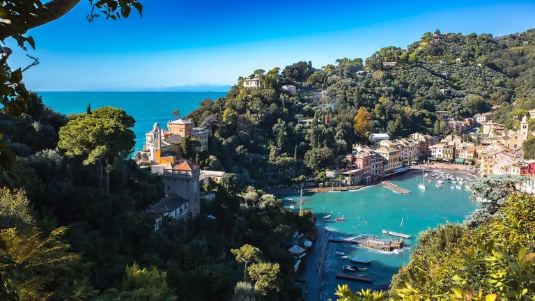 The small, colorful harbor of Portofino, Italy as seen from the hillside above town.