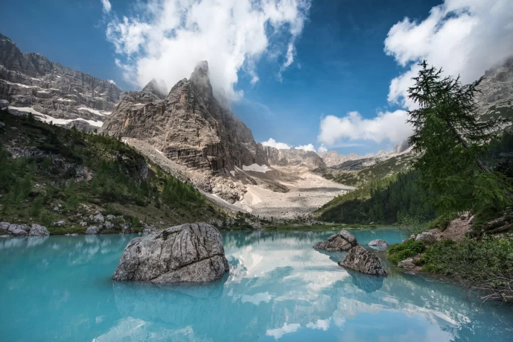 Lago di Sorapis in the Italian Dolomites has an otherworldly opaque turquoise hue, resulting from glacial snowmelt that flows into the lake.